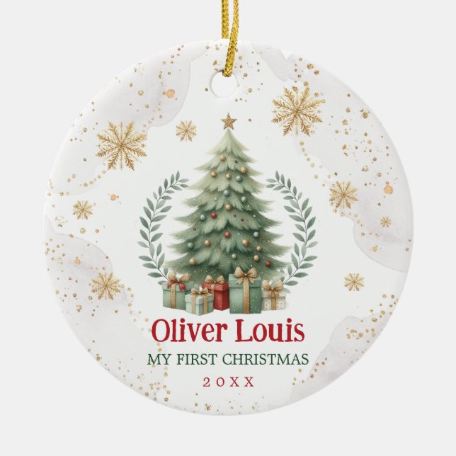 Ornamento De Cerâmica Red Green Dourado Floco de neve Bebê 1rua Natal (Frente)