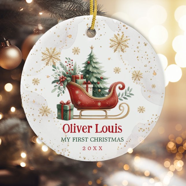 Ornamento De Cerâmica Red Green Winter Sleigh Baby 1rua Natal (Criador carregado)