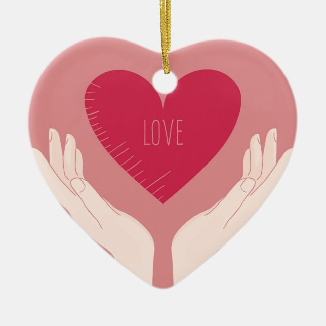Ornamento De Cerâmica Red Heart ama Dia de os namorados romântico (Frente)