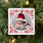 Ornamento De Cerâmica Red Holly 2 Foto com Natal de Ano<br><div class="desc">Ornamento de fotos personalizado com folhagem de inverno desenhada manualmente.</div>