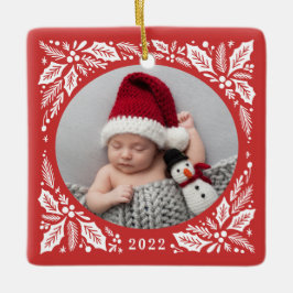 Ornamento De Cerâmica Red Holly 2 Foto com Natal de Ano