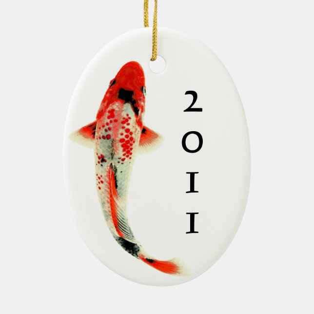 Ornamento De Cerâmica Red Koi com Ano (Verso)