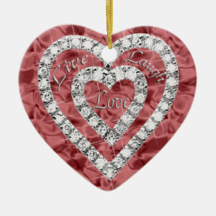 Ornamento De Cerâmica Red Live Laugh Love Diamond Heart Ornament