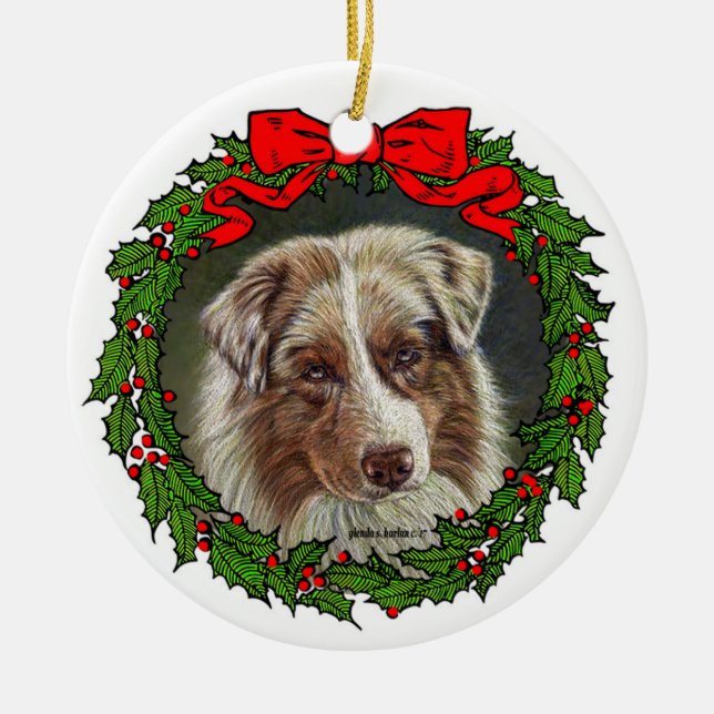 Ornamento De Cerâmica Red Merle Aussie Dog Art de Glenda S. Harlan (Frente)