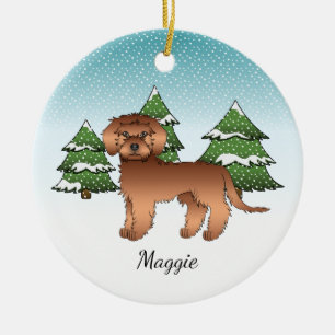 Ornamento De Cerâmica Red Mini Goldendoodle - Floresta e nome de inverno
