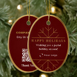 Ornamento De Cerâmica Red Modern Christmas Business Logo QR code<br><div class="desc">Elegante e mínimo Enfeites de natal com a citação "Desejando a você uma feliz temporada de festas!". Adicione texto,  seu logotipo e seu URL para criar o código QR.</div>