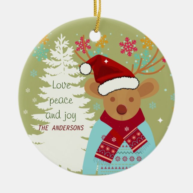 Ornamento De Cerâmica Red Nose Reindeer Snowflake Nome Família Natal (Frente)