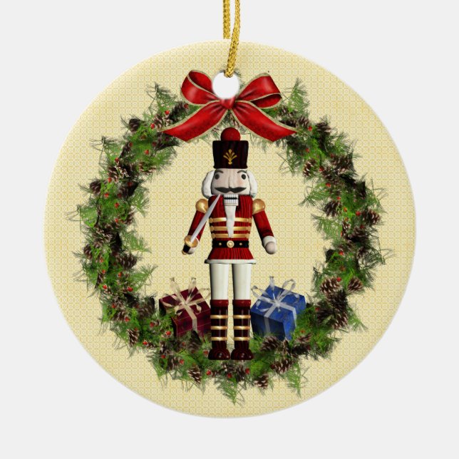 Ornamento De Cerâmica Red Nutcracker Wreath Round Ornament (Frente)