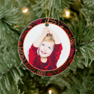 Ornamento De Cerâmica Red One Line Art Merry Christmas Family Photo