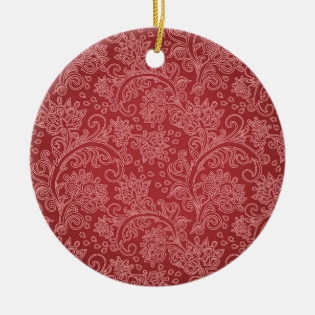 Ornamento De Cerâmica Red Paisley Damask Designer Floral Classic (Frente)