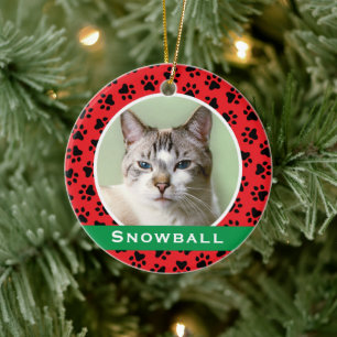 Ornamento De Cerâmica Red Pet Paw Imprime Foto Personalizada do Nome do