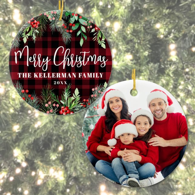 Ornamento De Cerâmica Red Plaid Christmas Photo (Greenery Red Plaid Merry Christmas Photo Ceramic Ornament)