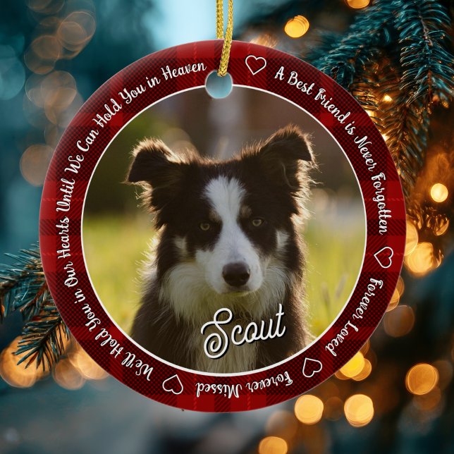 Ornamento De Cerâmica Red Plaid Dog Memorial Photo Forever Loved (Red memorial pet ornament with photo of dog named Scout and heartfelt remembrance text on a tree.)