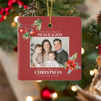 Ornamento De Cerâmica Red Poinsettia Christmas Family Photo