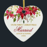 Ornamento De Cerâmica Red Poinsettia Floral Dourado Primeiro Natal Casad<br><div class="desc">Elegante Watercolor Red Poinsettia Floral Nosso Primeiro Ornamento Casado De Natal</div>