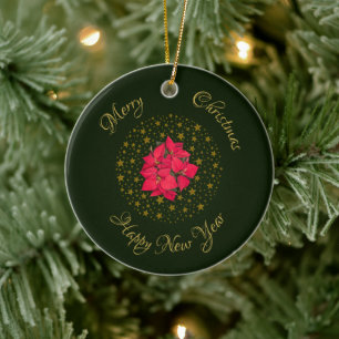 Ornamento De Cerâmica Red Poinsettia Plant on glitter starstarry green s