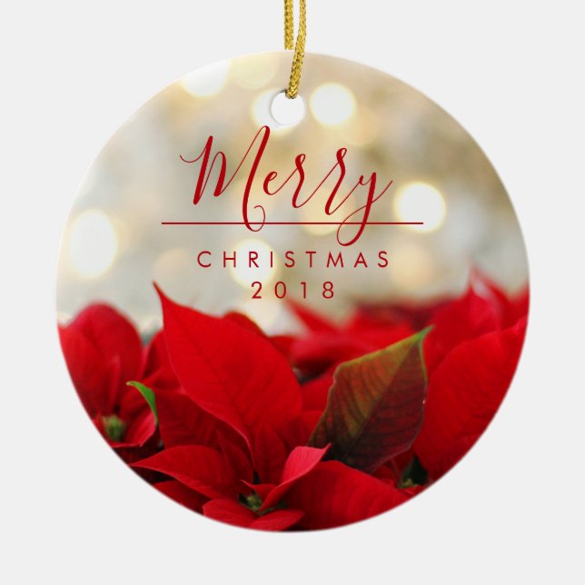 Ornamento De Cerâmica Red Poinsettias com Ouro Bokeh Natal (Frente)