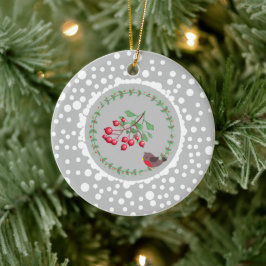 Ornamento De Cerâmica Red Robin Natal com Wreath e neve