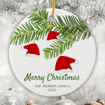Ornamento De Cerâmica Red Santa Hat Modern Pine Feliz Natal<br><div class="desc">Pinho de Chapéu Vermelho de Papai Noel moderno,  Feliz Natal Ornamento de Férias. Galhos de pinheiro com chapéu de Papai Noel. Personalize-o com seu nome e texto.</div>