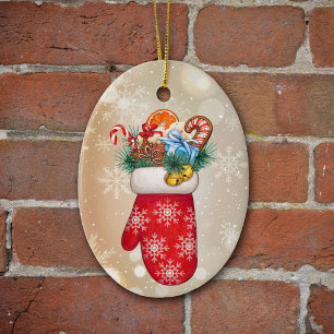 Ornamento De Cerâmica Red Snowflake Mittens com Goodies de Natal