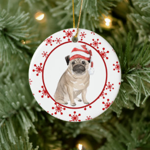 Ornamento De Cerâmica Red Snowflake Santa Hat Pug Natal