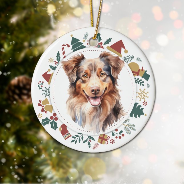 Ornamento De Cerâmica Red Tricolor Australian Shepherd Wreath (Criador carregado)