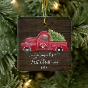 Ornamento De Cerâmica Red Truck Rustic Wood Baby1 rua Tree Foto de Natal