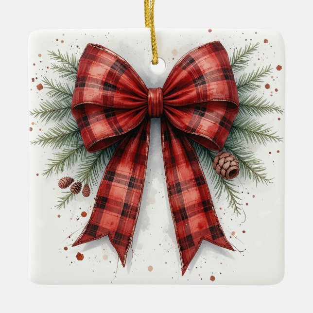 Ornamento De Cerâmica Red Watercolor Christmas Bow (Frente)