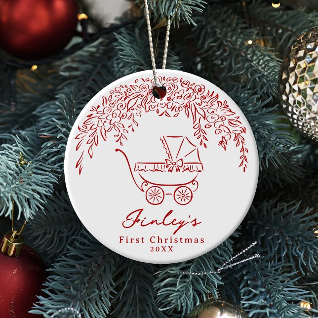 Ornamento De Cerâmica Red Whimsical Stroller Baby's First Christmas (Red Whimsical Stroller Baby's First Christmas Ceramic Ornament)