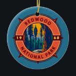 Ornamento De Cerâmica Red wood National Park Retro Compass Emblem<br><div class="desc">Trabalho de arte de vetor de Sequoia. O parque protege grandes pradarias,  carvalhos,  rios selvagens e 40 milhas de costa robusta.</div>