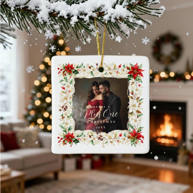 Ornamento De Cerâmica Refined Exquisite Floral Christmas Frame Holiday (Refined and Exquisite Floral Christmas Frame Holiday Ceramic Ornaments for Growing Families. Front.)