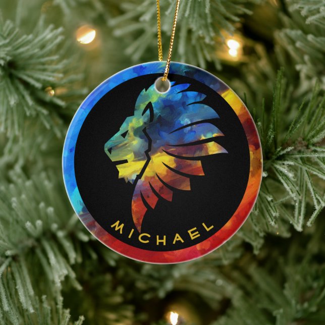 Ornamento De Cerâmica Rei da selva, nome de aquarela monograma (Árvore)