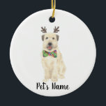 Ornamento De Cerâmica Reinador de Natal Personalizado Wheaten Terrier<br><div class="desc">Estou apaixonado por esta ilustração bizarra e detalhada da aquarela de um sorridente pavoroso com pequenos galhos e um arco de gravata! Personalize estes ornamentos e faça uma lista agradável este ano! Para os presentes perfeitos, junte-os a um item correspondente da coleção para um cuidadoso e pensativo aquecimento doméstico, chá...</div>
