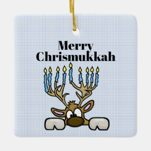 Ornamento De Cerâmica Reindeer Com Menorah Antlers Chrismukkah Ornament