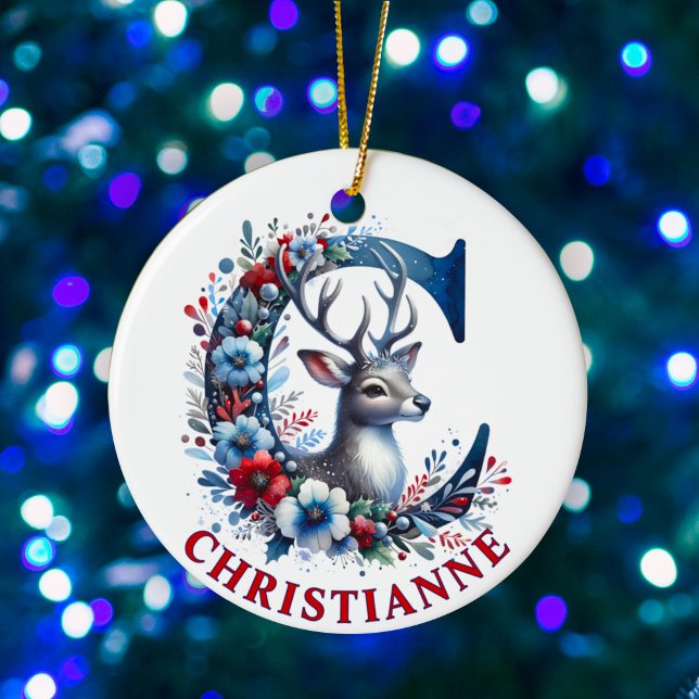 Ornamento De Cerâmica Reindeer de Natal Monograma - Letra C Nome Persona (Criador carregado)