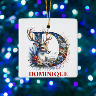 Ornamento De Cerâmica Reindeer de Natal Monograma - Letra D Nome Persona