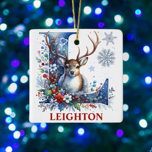 Ornamento De Cerâmica Reindeer de Natal Monograma - Letra L Nome Persona