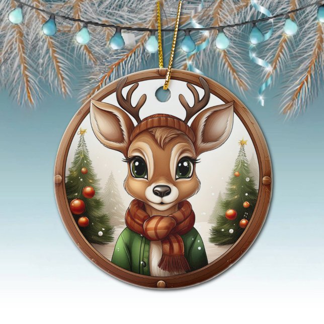 Ornamento De Cerâmica Reindeer, Deer, Antlers, Cena 🦌 Natal 🎄 (Cute Reindeer, Deer Antlers, Fawn, Doe Winter Trees Rustic Brown Framed Xmas Scene Ornament 🦌🎄)