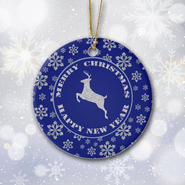 Ornamento De Cerâmica Reindeer Personalizado em Azul (Criador carregado)