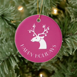 Ornamento De Cerâmica Reindeer Rosa FELIZ HOLIDAYS Nome Personalizado