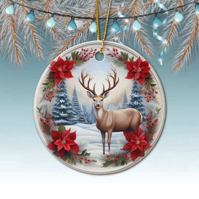 Ornamento De Cerâmica Reindeer Único, Poinsettias da Cena de Inverno, De (Reindeer, Deer Antlers, Floral Fawn, Doe, Poinsettia Flowers Winter Scene Ornament Front/Back 🦌🎄)