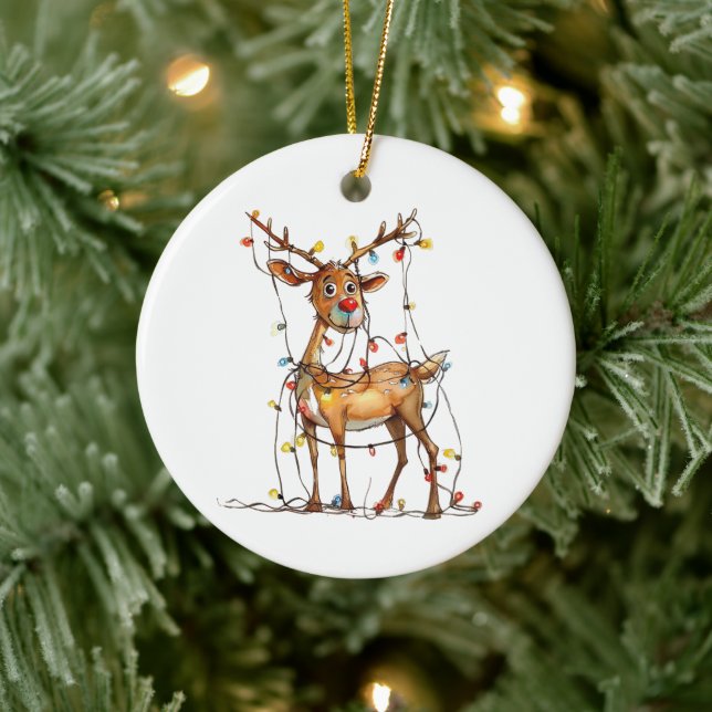 Ornamento De Cerâmica Reindeer Vermelho Branco Quirky com Luzes (Árvore)