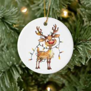 Ornamento De Cerâmica Reindeer Whimsical Quirky com luzes de árvore