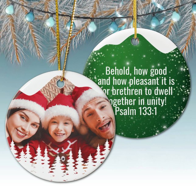 Ornamento De Cerâmica Religious Christian Scripture Divine Passage ⛪️ 🎄 (Custom image Gospel Psalm 133:1 Religious Holiday Ceramic Devotional Ornament green star sparkle 🌲✞)