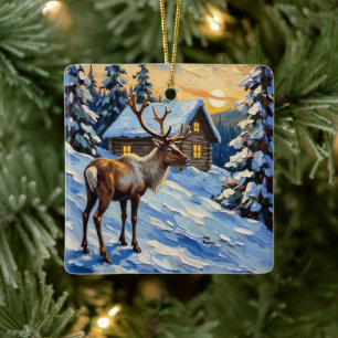 Ornamento De Cerâmica Rena Antiga por Pintura de Natal de Cabana na Neve