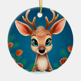 Ornamento De Cerâmica Rena de desenho animado fofa no inverno com pinhas