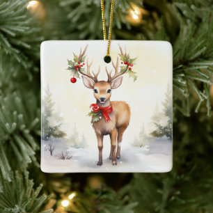 Ornamento De Cerâmica Rena de Natal em Aquarela