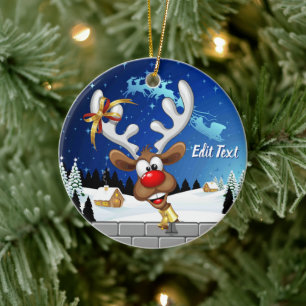 Ornamento De Cerâmica Rena de Natal Engraçada Espiando Meme de Natal