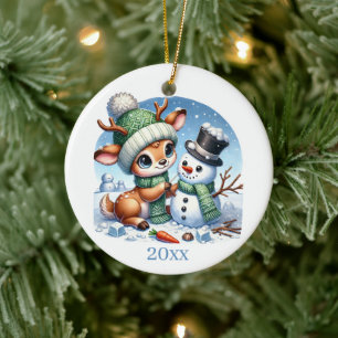 Ornamento De Cerâmica Rena de Natal festiva adiciona mensagem de ano