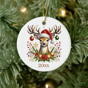 Ornamento De Cerâmica Rena de Natal festiva adiciona mensagem de ano